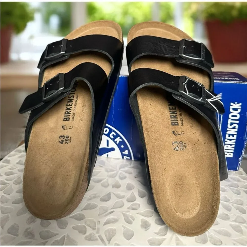 Birkenstock Arizona Grip Premium Leather Sandals Black Vintage Wood Unisex 43 EU